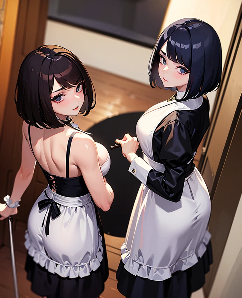 (((Pixel Perfect, Perfect in every detail,nsfw,,clothes lift,large breasts,light smile,dpubic hair,1 girl,black thigh-high socks))), alone, One girl, Ruka Sarashina, Blue Ribbon, big , (French maid), View your viewers, In the room, sitting