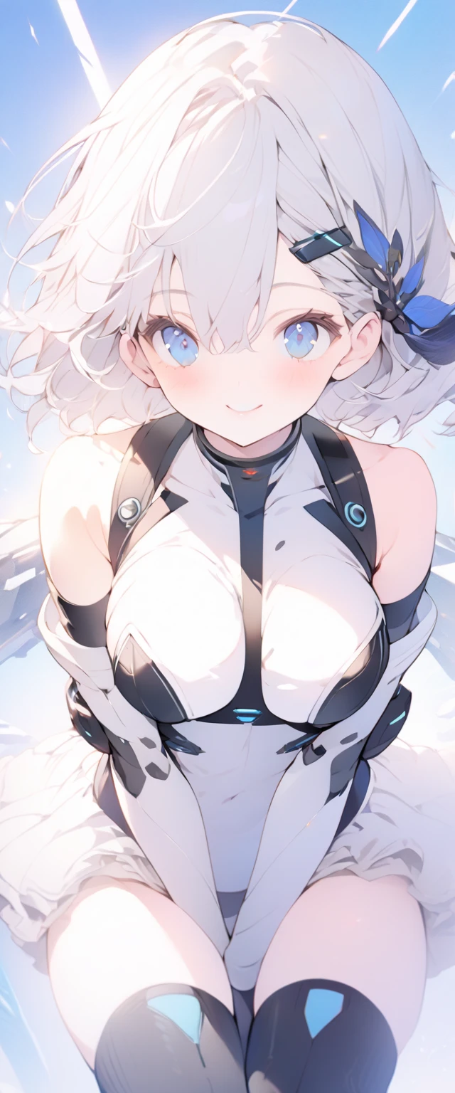 beautiful, masterpiece, Highest quality, anime, One girl, C Cup,Portrait Shot, View your viewers, Covered、Short Hair、nearby、Blue Eyes、art、、White hair,Blue streaked hair、wallpaper、hairpin、Cute smile、Thighs、navel、Sci-fi hair accessories、Blue-black_Gloves、Blue-black_Knee-high boots、、Cute、Blue-black_Short skirt、Sci-fi clothes、blue sky、Blue-black_High leg、Leather material、navel