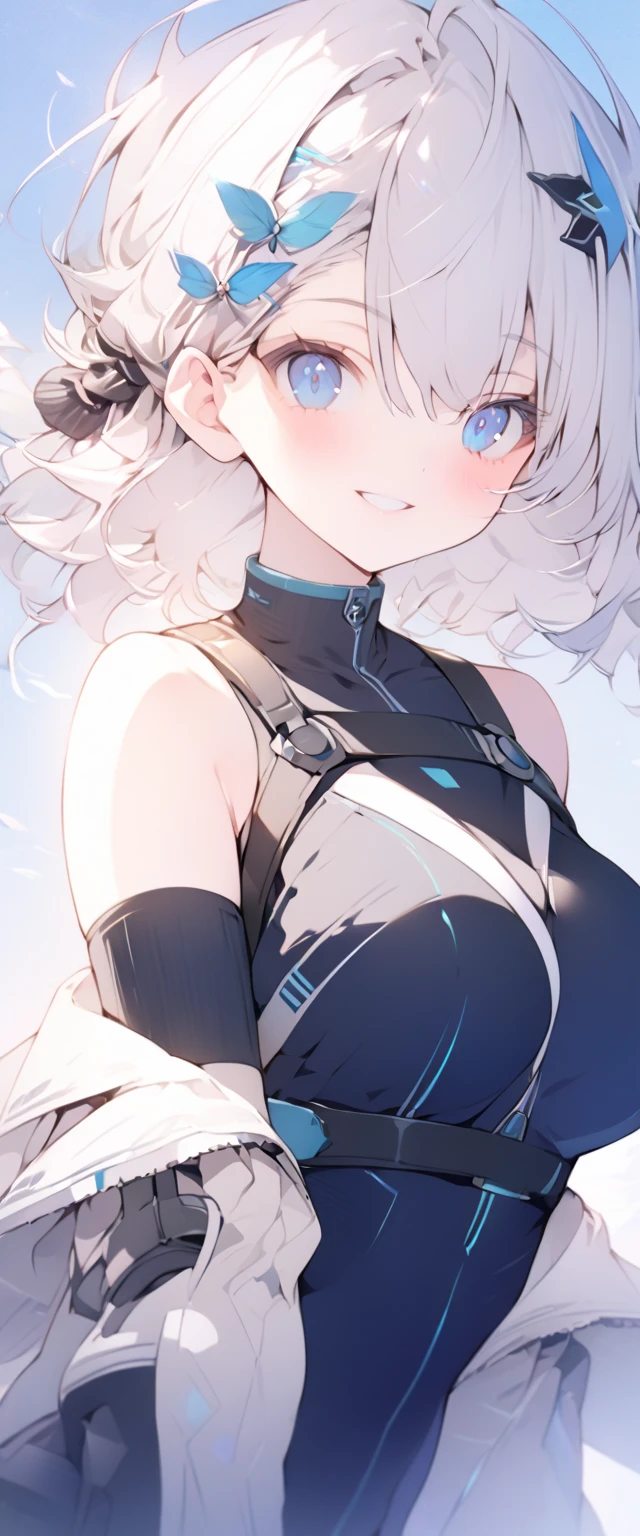 beautiful, masterpiece, Highest quality, anime, One girl, C Cup,Portrait Shot, View your viewers, Covered、Short Hair、nearby、Blue Eyes、art、、White hair,Blue streaked hair、wallpaper、hairpin、Cute smile、Thighs、、Sci-fi hair accessories、Sci-fi knee-high boots、Cute、Sci-fi underskirt、Sci-fi combat uniform、blue sky、Beautiful breasts、Sci-fi full harness