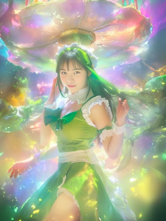 <lora:koizumimoeka_lora-06:0.8>,emerald green,blurry background,(looking at viewer:1.2),beautiful hand,(best quality:1.2),(masterpiece:1.6),(photorealistic:1.2),(realistic:1.2),(8K:1.2),(extremely delicate and beautiful:1),extremely detailed,huge filesize,available light,rim light,background light,day,concert,cold,low saturation,