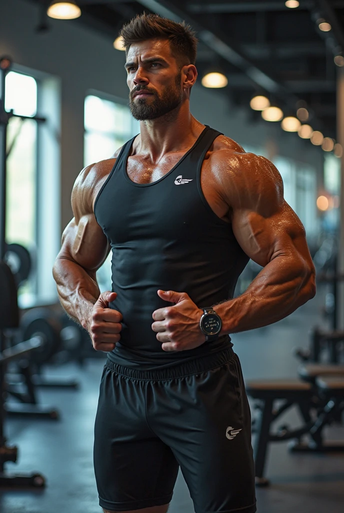 side view, full body one young dwarf bodybuilder Pierre gasly, undercut short brown hair, with pig's snout, over-muscled,wearing black shiny spandex shirt disproportionately over-inflated muscles,black shiny spandex shorts showing off massive legs, Nike Jordan black and gold hitop sneakers, black Nike thin socks, silver chunky chains, bracelets, big silver rings, massive silver watch, on all fours on the ground sniffing the floor, in gym, other guys in various gym outfits busy on various weight machines behind