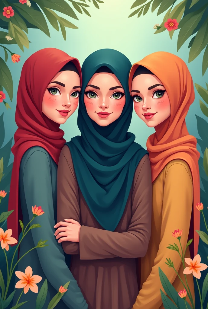 photo cartoon of 4 female friends who are all wearing hijab, some have thick eyebrows, some have sharp noses, some are short, some are thin and tall