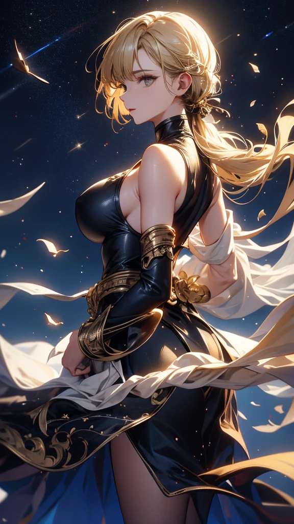 masterpiece, high quality, 4K, Beautiful design, silhouette,blonde, 非常に詳細な夜のStarry Sky,Cold ice world, wonderful, Finer details, Very knowledgeable woman, Highly detailed solo, 1 female,Big Breasts,Butt Emphasis,High-neck dress,Sleeveless,Night view,Starry Sky,full moon,How to sit,firework,