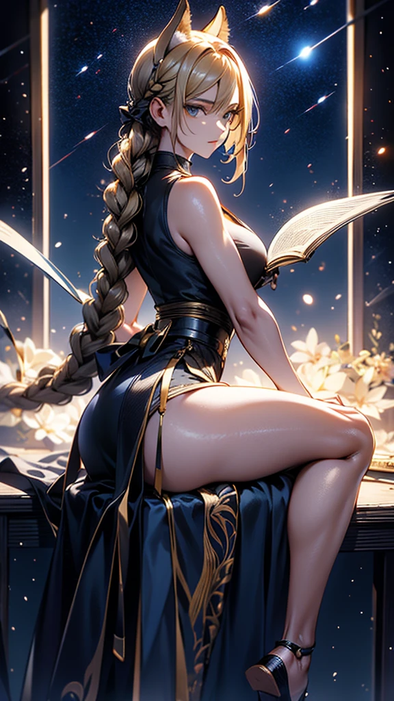 (Masterpiece、the highest quality、intricate details、The ultra-detailed、Ultra quality、high resolution、The best shadows、the best lighting、4k) Eleven keywords: hair is golden Beautiful blonde Longevity and immortality Beautiful figure Outstanding abilities Harmony with nature Noble culture Ancient races Fantasy works Role-playing games Beauty and elegance Dark mage girl Magical talent Females a beauty girl mystic fictitious creatures Vintage transparent dresses Buttocks see through on all fours emphasis on the buttocks Sit with a beautiful back looking back. Dark magician girl in a Chinese landscape