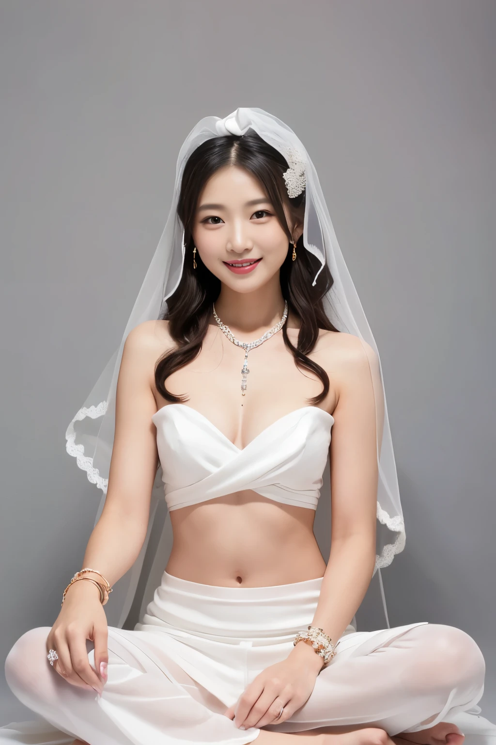 (High resolution photos, bust, 1 Girl, 28 years old, woman, Facial details, Baby fat, Waist Accessories, Hand in hand, smile, Teeth are not very visible, White skin, Upper Body, Chinese traditional clothing, Model pose, Studio Lighting), ((bra)), (whole body:1.8)