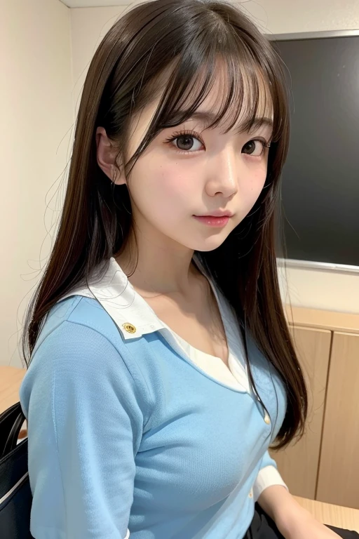 (masterpiece, highest quality, Super detailed, detailed face, 8k)、slim、flat body、cute、round face、one girl、, light blue long hair, dark blue, sit in class, black school modern uniform, anime,(selfie:1.5),V-neck sweater