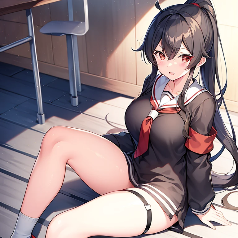 Tifa lockhart, nude, hard nipples, black leather minskirt, white micro panties, black thighs, black long hair, red eyes, in a perverted tavern, toned abs, ahegao, masterpiece, facing away from viewer, upskirt view, looking at viewer, spread legs