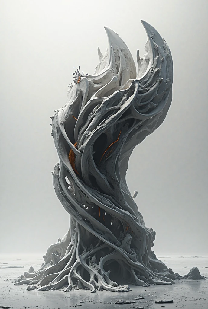 visual spectral radio wave signals emission fused with organic form structure, subsonic spectrum, gray clay cluster, Fibonacci fractal, geometric design, [m : immersed and stuck between strangled strata incisions very cute girl body statue closeup, extreme long floating straight hair with bangs:0.33], marble purgatory, wuthering atmosphere, aesthetic redshift render