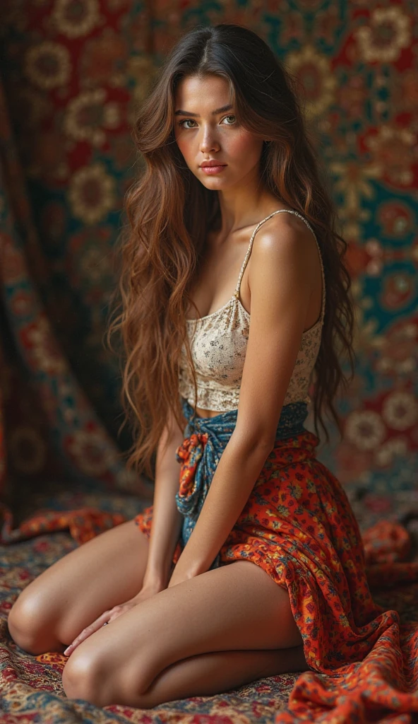 Create realistic 13-years-old girl photos with long hair (ukranian), Cute face, Whole body, Slender body, shapely legs, Thin ankles, thin-waist, beach, naked, bodypaint, exposed, sexy posting