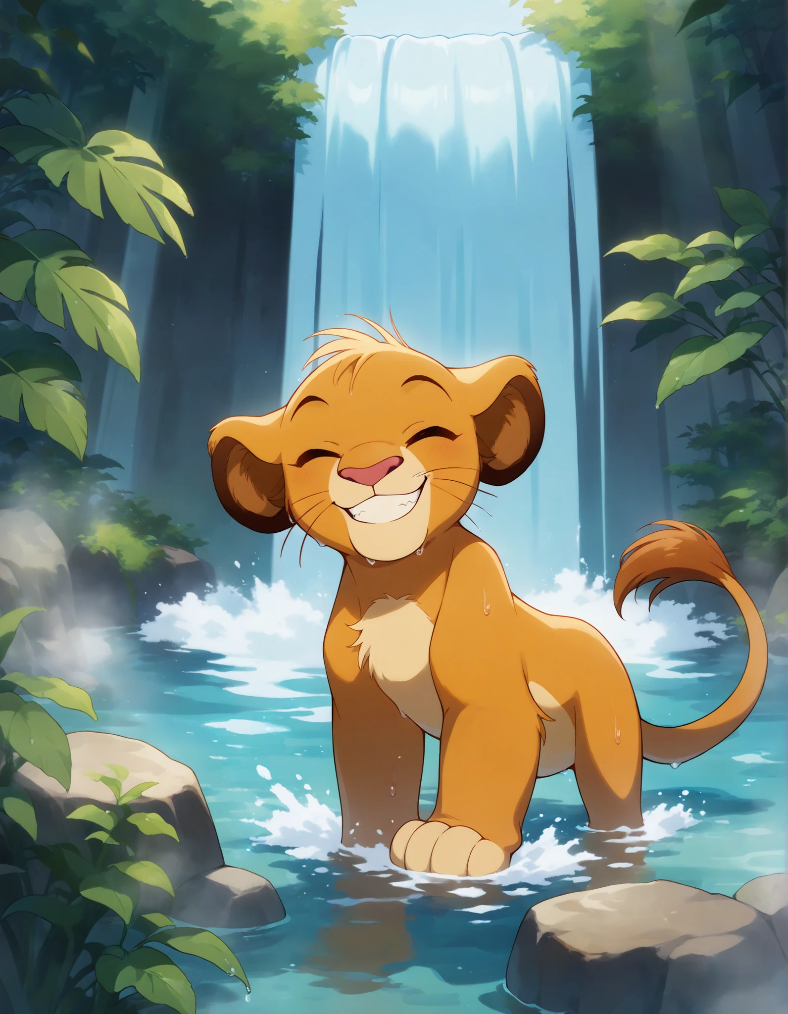 solo, cubsimba, smile,  facing viewer, bathing under a waterfall, wet, waterfall, detailed background