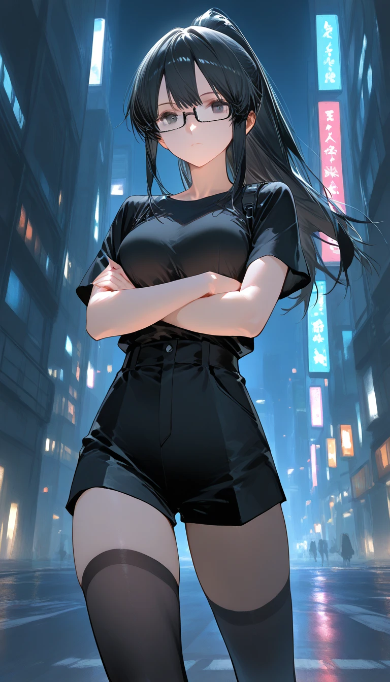 Scenery in the city、Many skyscrapers、(masterpiece:1.4)、(highest quality:1.4)、ultra high resolution、anime style、20 year old woman、whole body、Black hair bun hair、white hoodie、black pants、(huge breasts:1.1)、red face、smile、arms behind body、night、profile、looking up at the sky