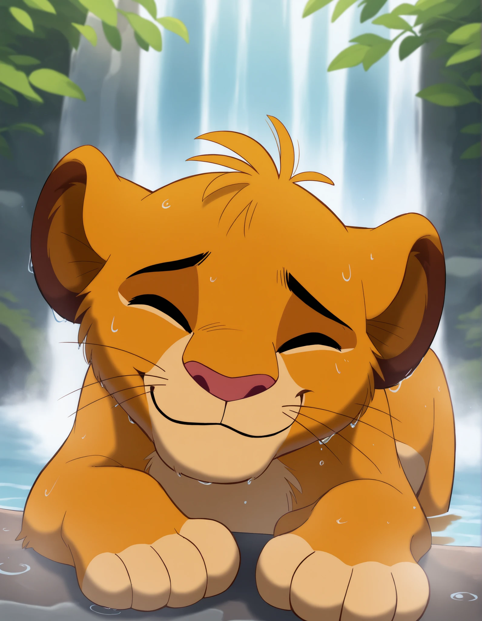 solo, cubsimba, smile,  facing viewer, bathing under a waterfall, wet, waterfall, detailed background