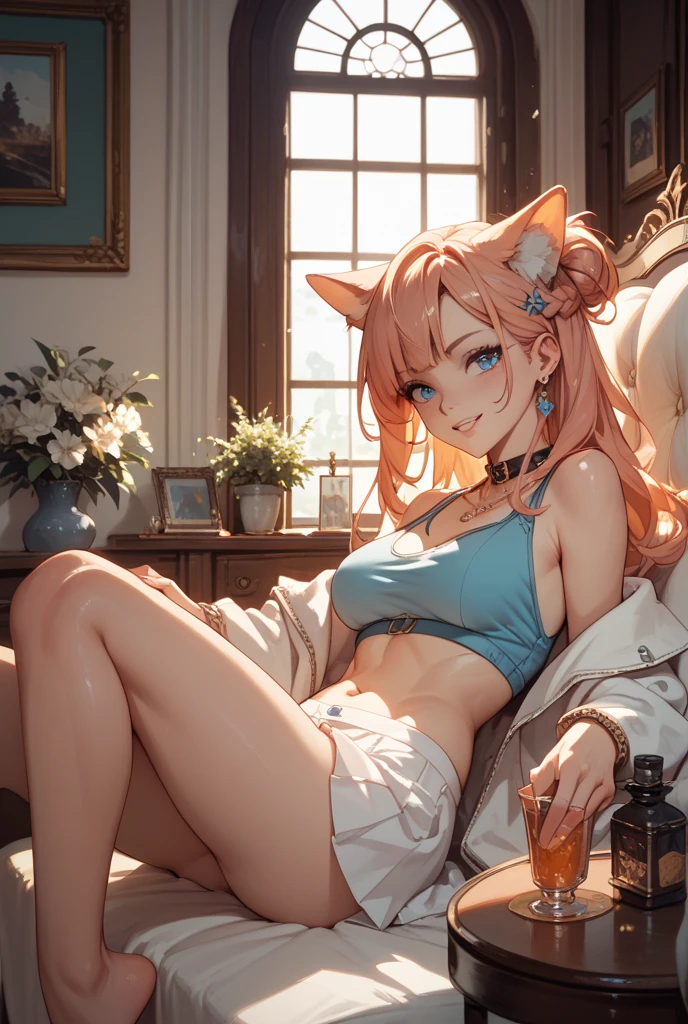 ((Masterpiece)), (Anime:1.5), ((best quality)), (RAW photo:1.2), (High Definition:1.3), (Professional Photography:1.2), (chromatic aberration), Textured skin, cinematic lighting, ((12 years old)), wide shot, cat ears, pale brown hair, ((flustered)), Cute Beautiful girl, BREAK, ((best quality)), (Glossy lips), Textured skin, medium hair, unruly hair, (slightly exposed small breast), ragged camisole, ((wearing dirty white camisole)), Cute panties, Slender body, small breasts, ((Cheek cane on dirty restaurant table)), (sitting a chair), botanical garden,