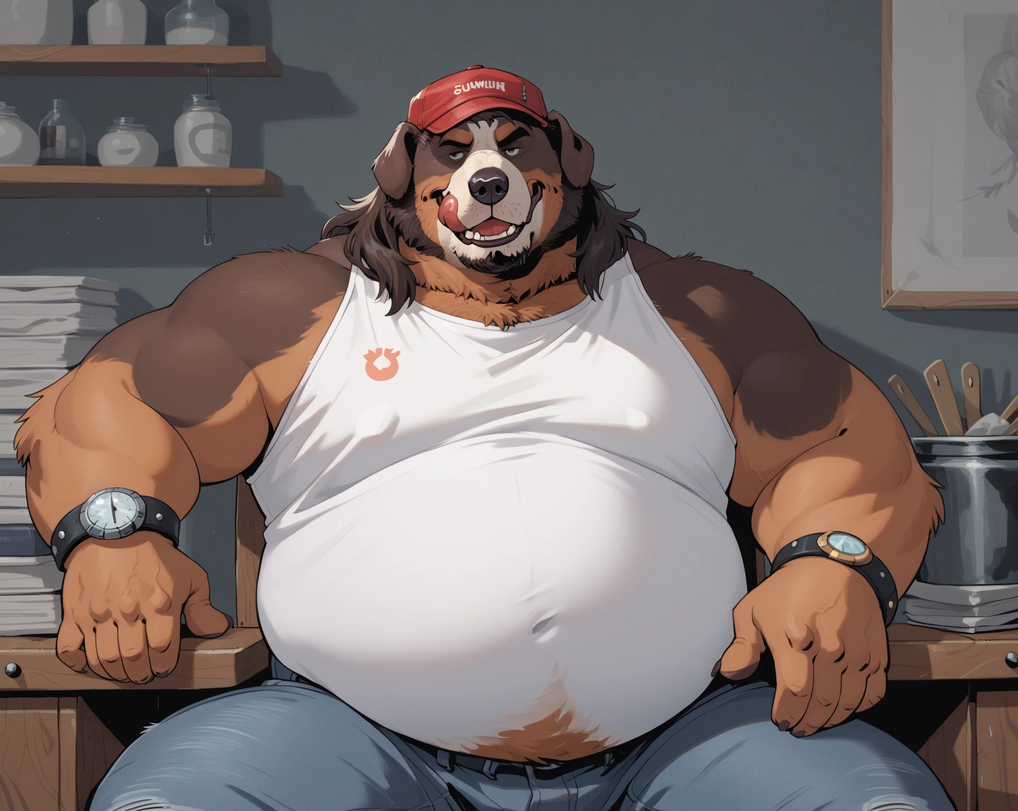 ((solo)), male, anthro (bloodhound), ((white underwear, white briefs, bulge)), ((sitting on leather chair)), ((large pecs, nipples:1.2)), front view, by personalami, by ruardri, by thebigslick, by kenket, hairy, dilf, ((cozy house, living room, wood paneling, golden hour, beer, beer bottle, detailed background)), slightly chubby, belly, older male, mature male, elderly anthro, jowls, floppy ears, long ears, skin wrinkles, pubic hair, leaking cum, trucker hat, sweat, grey fur on face, big dog nose