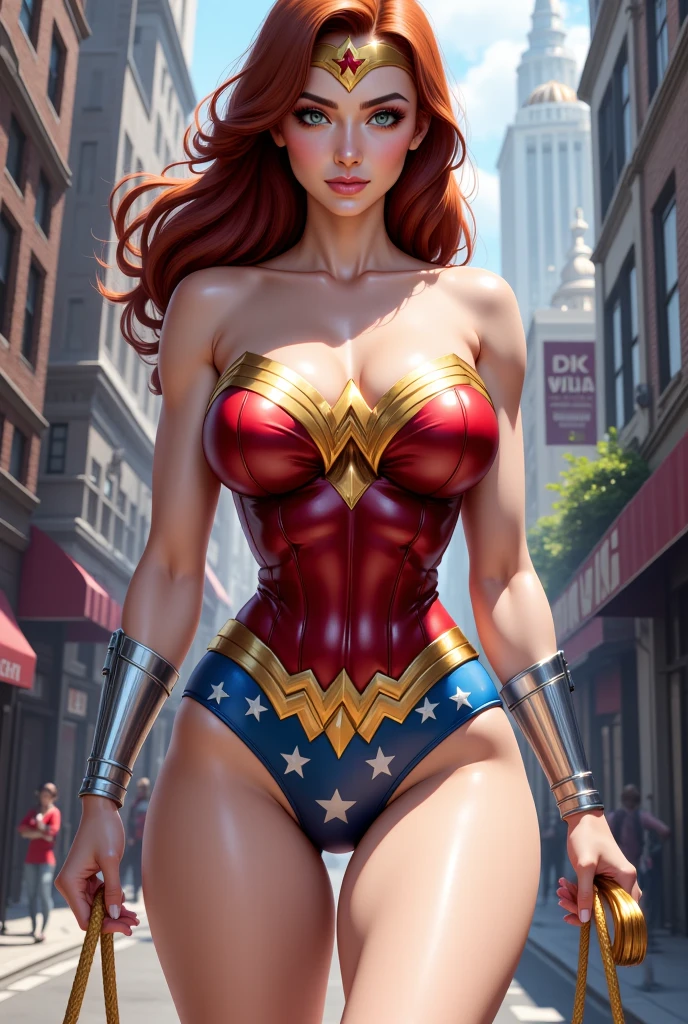  ((A Red hair , green eyes black (classic 70 wonder woman outfit) () Wonder Woman) (flirting) (missbrisolo) (wears a biker jacket)