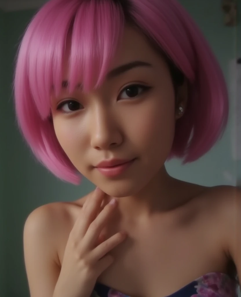 Boyish girl with short pink hair, sitting on sofa with naked. Wearing small earrings. Cute face. Cute asian teen. Big breast, big hip, smooth skin, korean, looking at viewer. High resolution, raw photo, detailed face, full body
