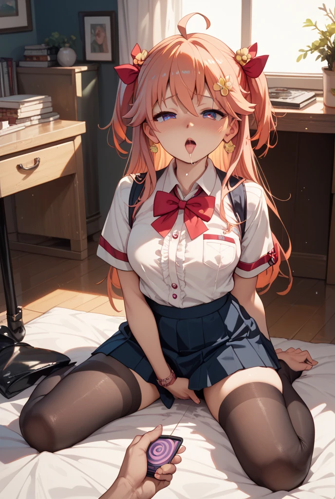 Masterpiece, Monika (Doki Doki Literature Club), giantess, looming over tiny guy, indoors, school uniform, glaring, smirk, intimidating, dominant, femdom, looking down on tiny guy, sitting on tiny guy, perspective of the tiny guy, sticking hand down her panties