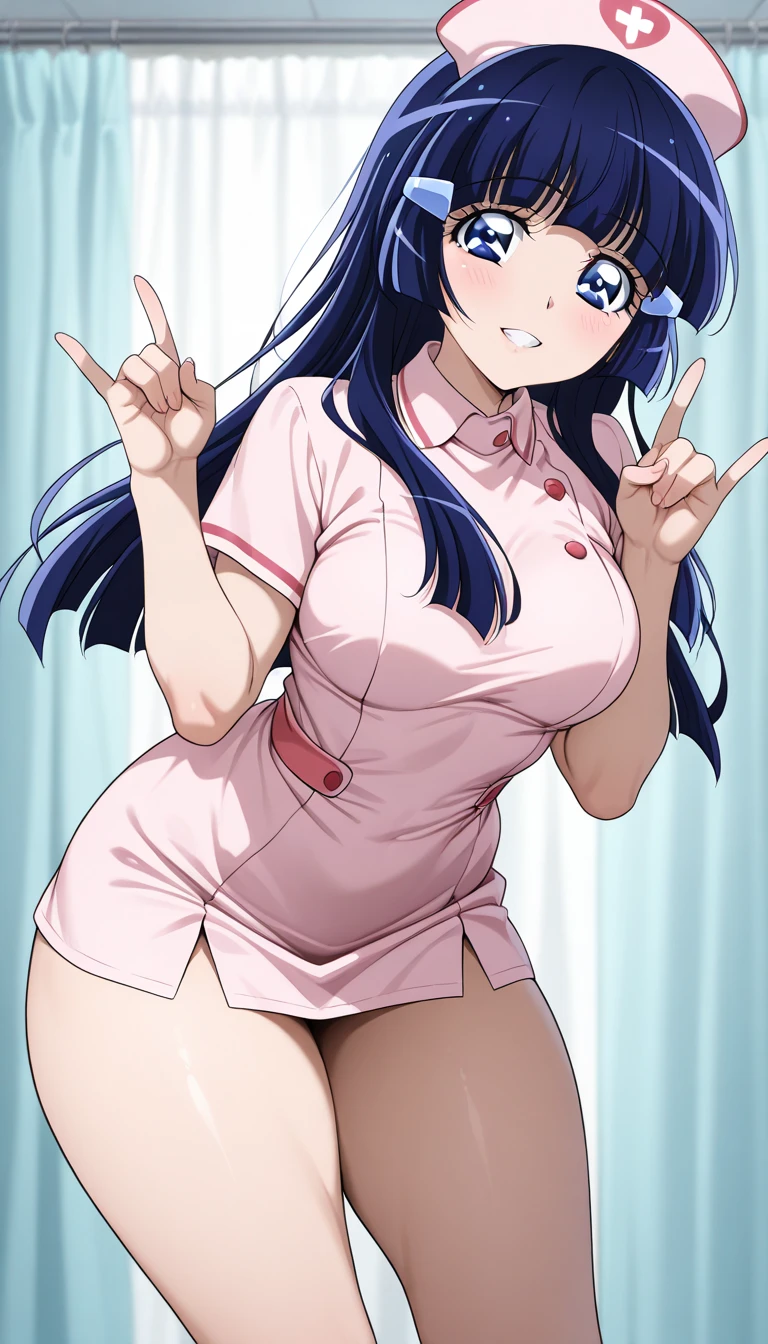 <lora:GoodHands-beta2:1> 1girl, [<lora:vanw:0.75> #decrease:0]  vanwinkle, standing, mature female, hair slicked back, glasses, absurdly long hair, 
nurse, cleavage, midriff, thick thighs,thighhighs, round eyewear, underboob, [black hair|blue hair], from below, evil smile, white skirt, white shirt, 
<lora:khyleri_ex-07:0.4> <lora:moshimoshibe-1600it:0.4>