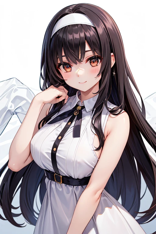 female pervert、A dark-haired、Long、White dress、Upper body only, smile