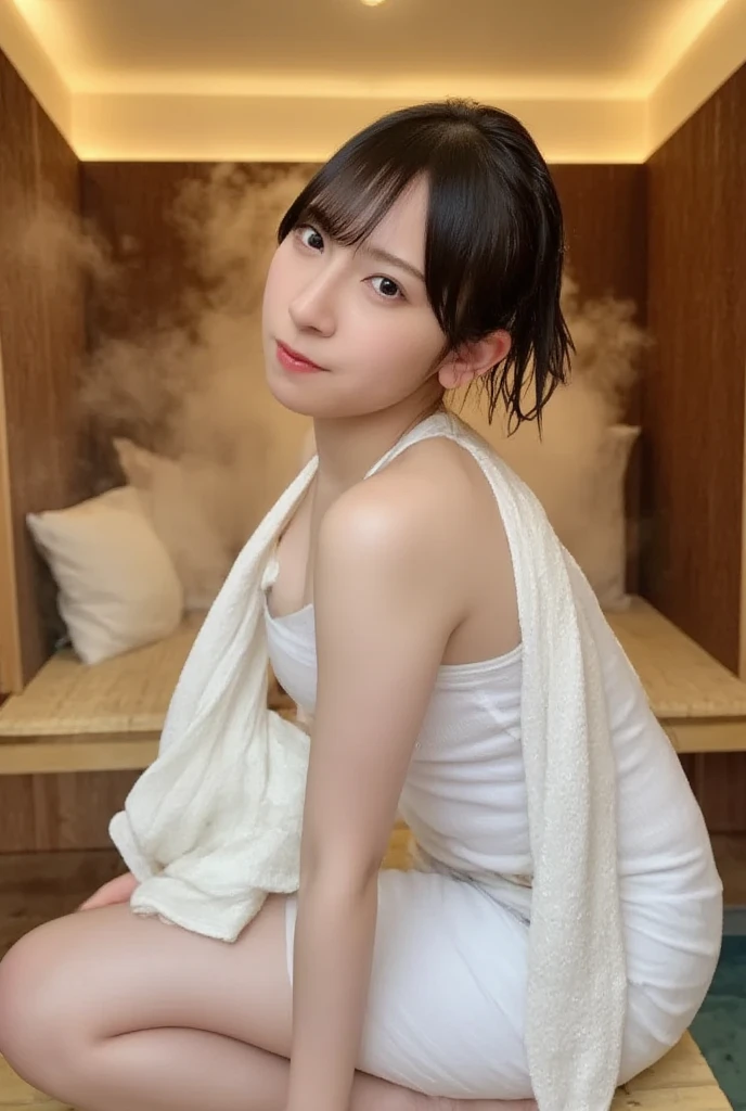score_9, score_8_superior, score_7_superior, highest quality, Realistic, masterpiece, Beautiful details, hyperRealistic, woman,14, 13yo, 12 years old, Round and small face, Baby Face,(highest quality、Tabletop、8k、Best image quality、Award-winning works)、One beautiful woman、(Naked with a bath towel wrapped around her:1.2)、(sitting in the water in air ONSEN with big stone:1.45)、(Holding your chest with your hands:1.1)、(No makeup:1.1)、(Wet shiny short hair,no part hair:1.1)、(Wet, Dense short hair.no part hair:1.1)、(Ultra-fine moisturized, Shiny skin:1.1)、(Ultra-fine, Lustrous and moisturized skin:1.1)、Upper body photo、Brightly lit face、Very bright、Ultra-high definition beauty face、Ultra high resolution perfect beautiful teeth、Ultra HD Hair、(Ultra-high definition wet and shiny skin:1.1)、Super high quality glossy lip、(Accurate anatomy:1.1)、Big Breasts、Cleavage、slender waist,Accentuate your body lines、look at me、(short:1.1)、(Droopy eyes, Natural Makeup、Ultra-high definition beauty face:1.35)、(Ultra high resolution perfect beautiful teeth, Mid-chest, Tight waist,toothy smile:1.15)、Ultra HD Shining Eyes、Super high quaHigh resolution 16K human skin closeup。 The skin texture is natural、,Pores、It must be detailed enough to be easily identifiable.。 Skin should look healthy and have an even tone。 Use natural light and color,lity glossy lip