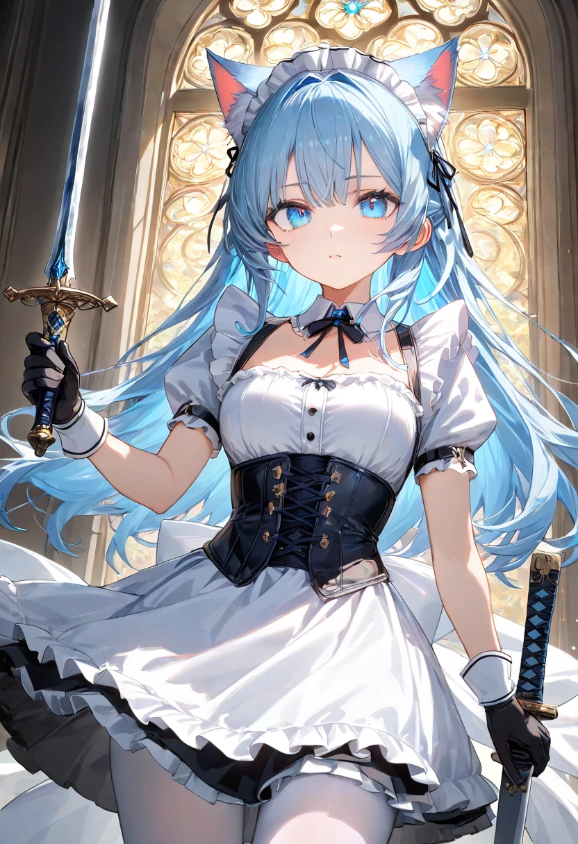 masterpiece, ultra detailed, 8k portrait, RAW photo, portrait photography, highly detailed face, beautiful and meticulous eyes, long hair, blue eyes, white hair ribbon, (dark blue nurse costume:1.5), white tights, half boots, spread legs, standing, (holding a giant sickle:1.5), by the old castle, in mid night, from below