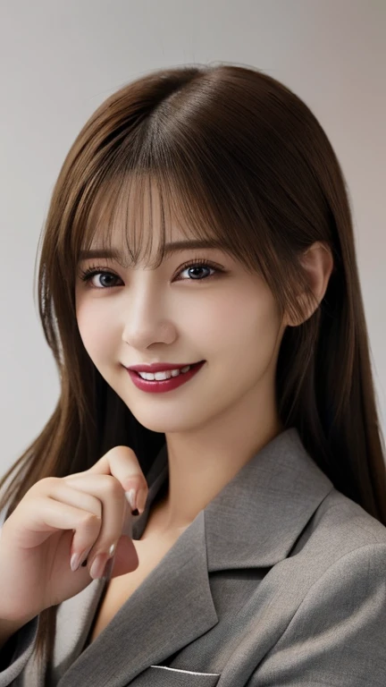 One Girl, (Wearing a red suit:1.2), (RAW Photos, highest quality), (Realistic, Realistic:1.4), Tabletop, Very delicate and beautiful, Very detailed, 2k wallpaper, wonderful, In detail, Very detailedな CG Unity 8K 壁紙, Very detailedな, High resolution, Soft Light, Beautiful detailed girl, Looking into the camera、Very detailedな目と顔, Beautiful and sophisticated nose, Beautiful details, Long Hair, small, Red dress、White Background、Background is white、Cinema Lighting, Perfect Anatomy, Slender body, smile, 