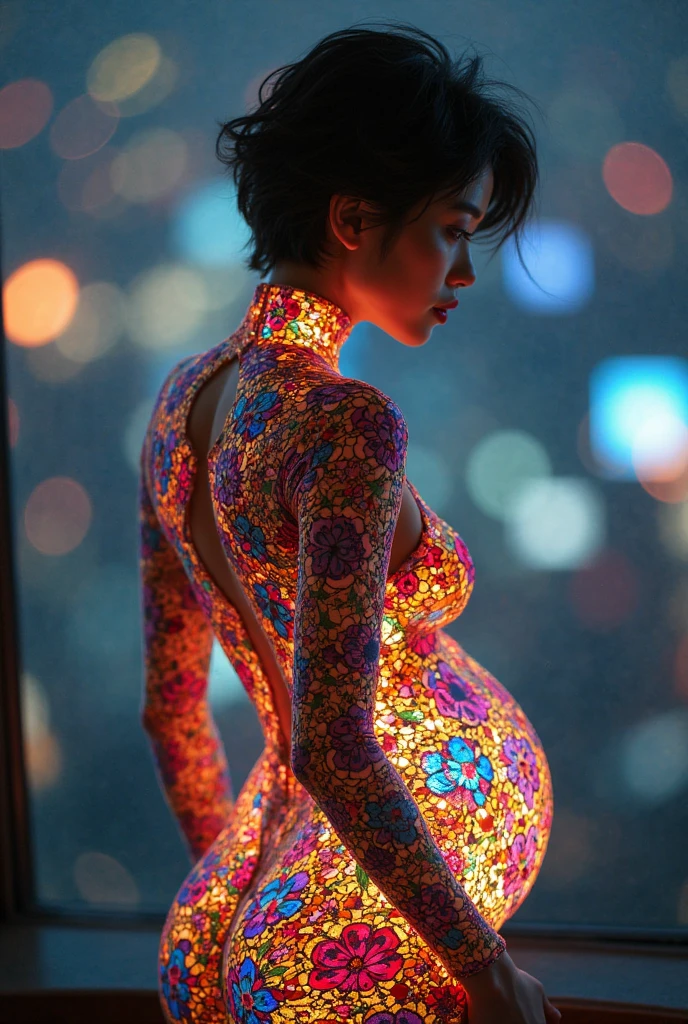(masterpiece, Highest quality), 8k,(((Very detailed))), Race:1.8,Super intricate Race pattern,colorful Race pattern, Stained glass transparent body, Mandala,light up, 1 female, Open Back, 18 years old、Photo of Lee Jae, tumbler, shin hanga, sultry body with セクシー belly, Sexy girl, Young sensual elegance, Sexy body, delicious, Sexy look, Very Short Hair、Night viewがきれいな港で撮影、Night view、 Intelligent face、Narrow waist、Large Breasts、drool coming out of the mouth、Smile a little、EOS 50mm F2, Blur the background、Shooting from behind、Lighting the face、Butt、whole body、