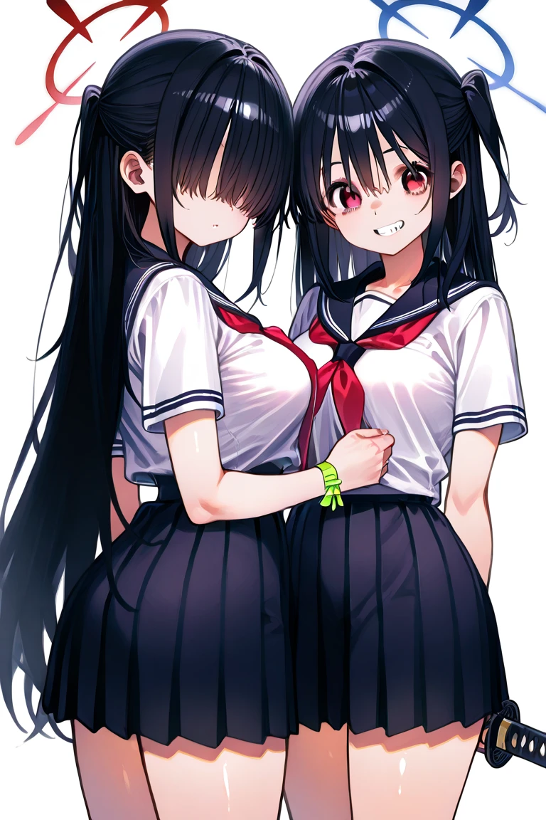 Hands Behind Back,Tied with hands behind back,lick,open mouth,tongue out,cum on tongue,front face,from front,front view,looking at viewer, looking ahead,from above,cowboy shot,2girl,twins,Beautiful 14 year old girl,Japanese,Slender,,low length,Small breasts,Thin legs,Small Ass,Baby Face,Small face,Black Hair,one side up,Gray Eyes,Drooping eyes,Round eyes,middle School girls,uniform,shirt,Checked tie,Checked Skirt,socks,Collar with leash,Bunny ears,Kneeling,Straight Stand,Beautiful and detailed anime art,I'm in love,Desire expression,crave,Sexy vibe,Dimly lit room,On the bed,Simple Background,Gray background,Low lighting,