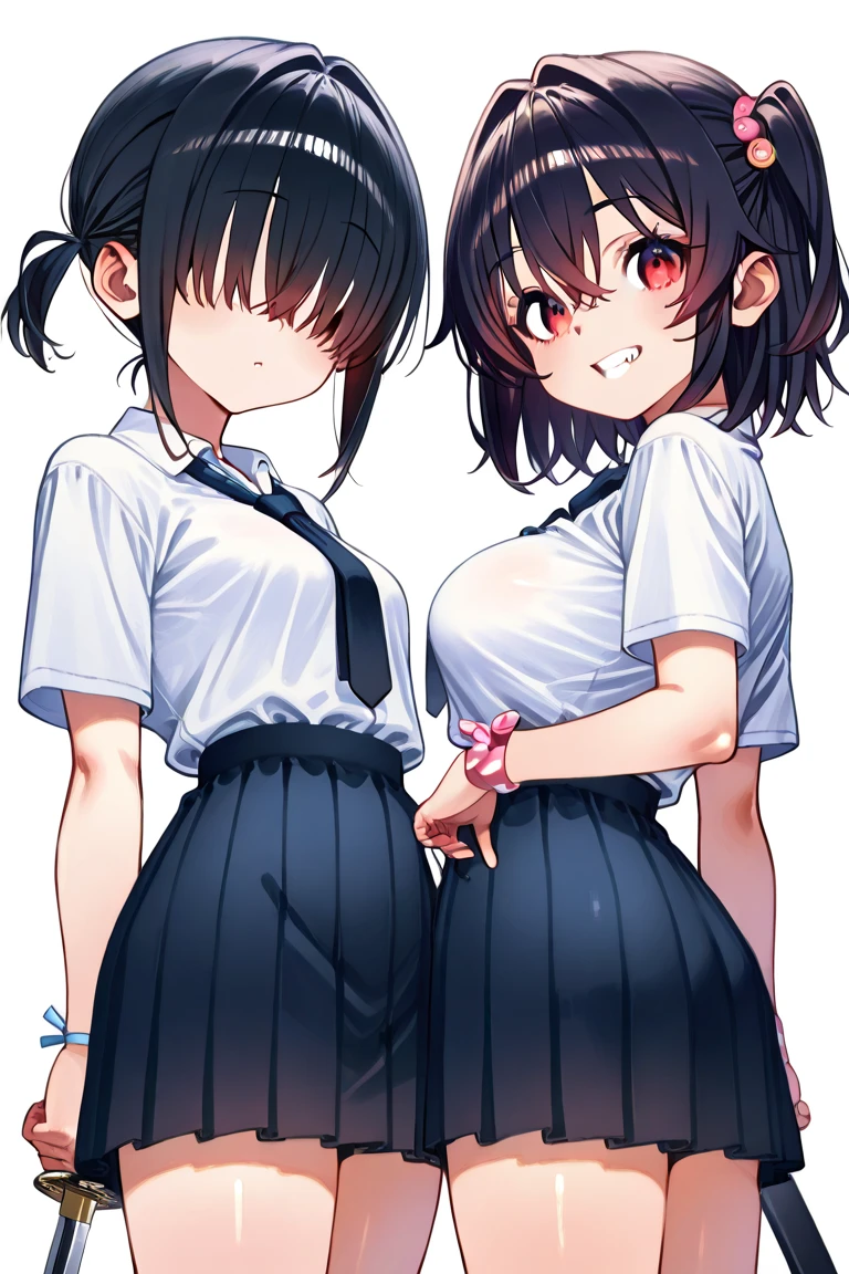 NSFW:1.3. Anime drawings with vivid colors Full-body figures of tall women:1.9 　Having sex:3.5　Clothing:1.3　tits　Pussy Sweat 　Black long skirt　white collared sleeveless shirt　(((Troubled face, glaring, wrinkled brows, flushed cheeks))), (night:1.3 Apartment Bedroom) (((Short black hair ponytail:1.3 Straight hair Sweep your bangs to the side:1.9 切れ長の目 茶色い目 長身 titsが大きい 強気 美人 かわいい)))