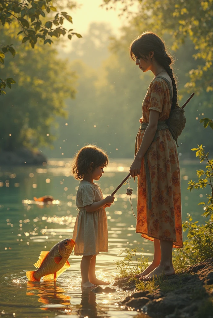 There's a woman and a child standing on a path, fotografia de fantasia realista, realistic fantasy rendering, Disney fotorrealista, Magali Villeneuve e Monet, inspirado em Ruth Sanderson, No estilo de Anne Stokes, retrato do characture da fantasia, Disney foto realista, Directed by: Zahari Zograf, Fantasia pintura fosca,fofo, with magical creatures, pintura de fantasia realista, painting digital adorable