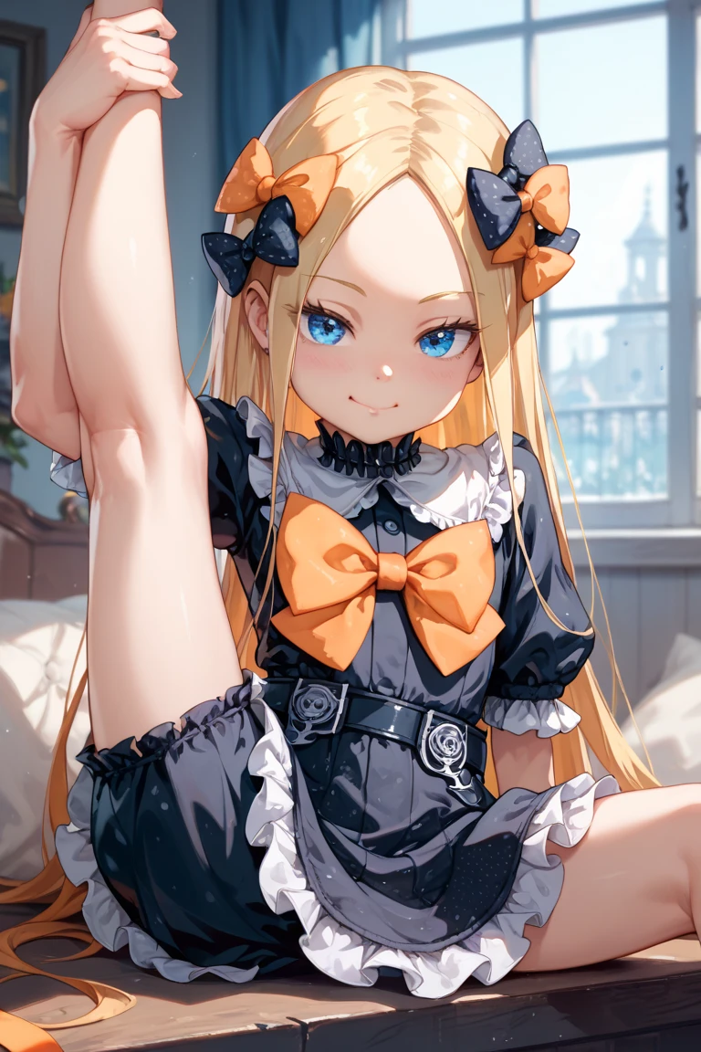 1girl, solo, masterpiece, best quality, detailed face, face focus, evil smile, smirk, long eyelashes, looking at viewer, flat chest, golden, jewelry, standing, (skirt lift:1.2), (lace trimmed panties:1.2), (cameltoe:1.2) ,(thong:1.2), shiny skin, thick thighs, simple background, squatting, spread legs, (highheels) BREAK, hmaw1, long hair, hat, black dress, long sleeve, black sleeves, white bloomers, (dark skin:1.5), blonde