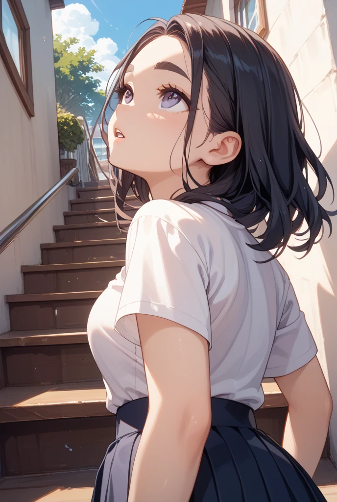 One girl、Long short bob hair、Reddish(((gold)))Hair、Blonde、Black clothes、5piercing、Beautiful Skin、side view、In the park、((look up sky))、trousers jeans、Are standing、