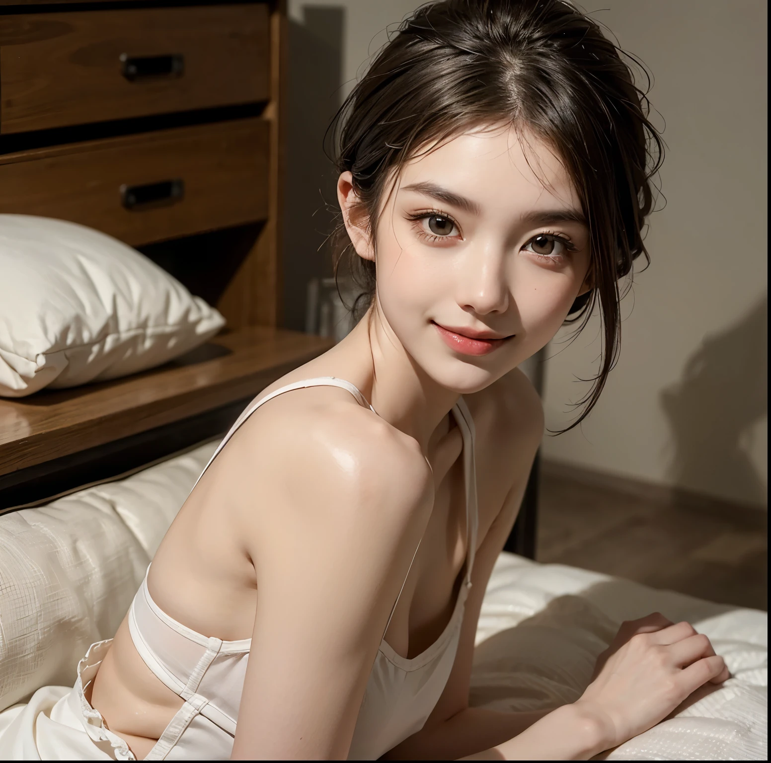 (top-quality、8k、masterpiece:1.3)、Beautiful Women in Perfect Figure:1.4、dark brown hair、extremely detailed face and skin、A detailed eye、二重まぶた、huge tit、a smile、g-cup
