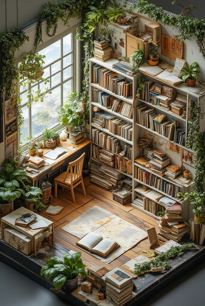 　Diorama , home , minimal cozy, grenn room,　a room filled with lots of books and plants, an overgrown library, book shelves, reading nook, room full of plants, floor to ceiling window, filled with plants, overgrown with plants, bookshelves, stacks of giant books, book shelf, cozy treehouse bedroom, picture of a loft in morning, books cave, a cozy old victorian loft,  4k hd,, beautiful art uhd 4 k, a beautiful artwork illustration, beautiful digital painting, highly detailed digital painting, beautiful digital artwork, detailed painting 4 k, very detailed digital painting, rich picturesque colors, gorgeous digital painting