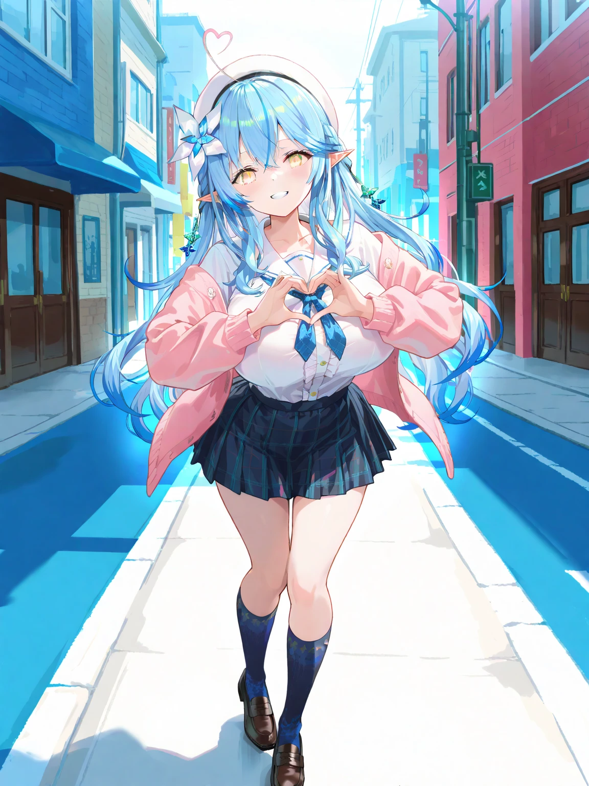 (best quality,4k,8k,highres,masterpiece:1.2), ultra-detailed, realistic:1.37, HDR, studio lighting, vivid colors, bokeh, an unconscious girl face down inside an abandoned warehouse, \(pokemon\), beanie, long hair, blue hair, blue eyes, detailed eyes, beautiful eyes, black sleeveless shirt, pink scarf, pink skirt, body shape, chubby thighs,women's bag and women's accessories on the floor, View from above