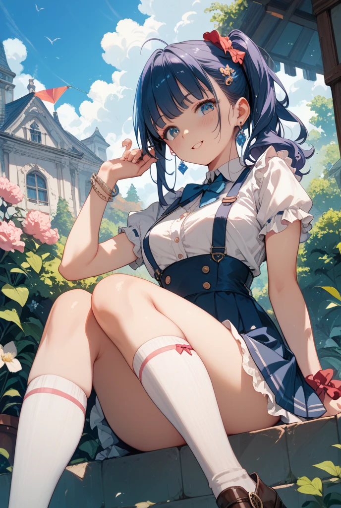 little red riding hood,Sitting,Spread your legs,Black tight knee socks,Light blue and white striped panties、Lower body zoom、Small breasts、Nipples、Covered in milky liquid、Wet