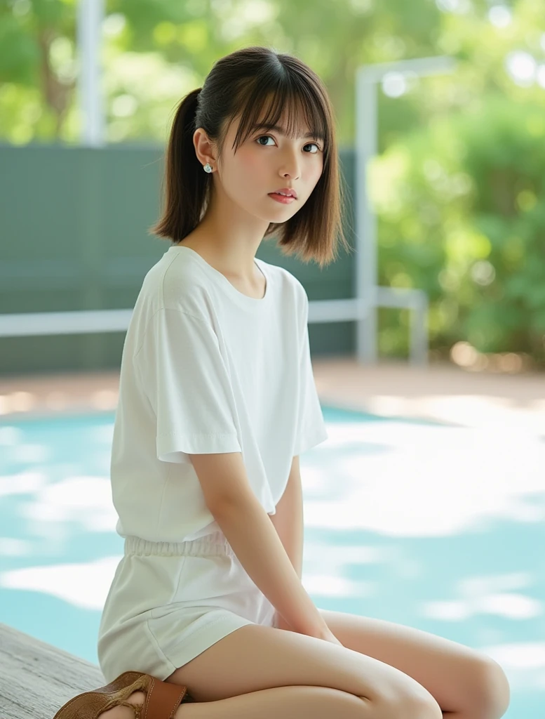 best quality, photorealistic, 8k, high res, 1girl, woman, (skindentation), (portrait:0.6), ((poolsidebackground:1.2)), ((highneck sweater:1.4)), straight-looking at viewer:1.6, (1girl eyes looking at viewer, short-length hair, blackhair, bangs:1.25), photorealistic, (bokeh), ((closed mouth)), gorgeous, pureerosface_v1, <lora:AVID-miura:0.55>