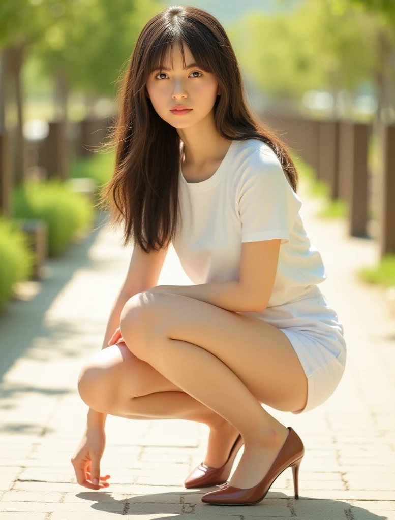 A beautiful korean girl,brown hair,short dress, laing on the ground outside on dirt, full body,showing her feet closer photo