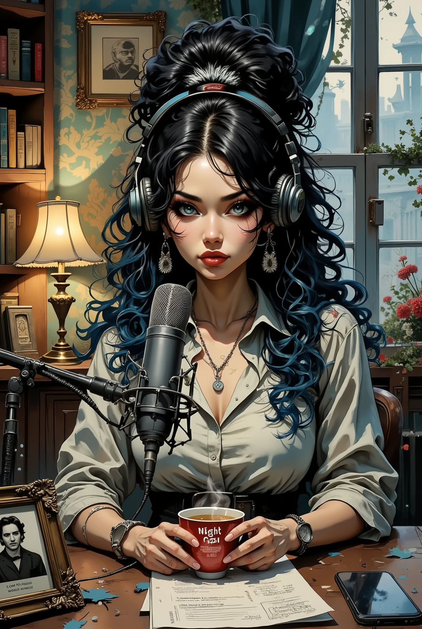 A young woman in professional headphones is the host of a podcast, with long black curly hair and blue highlights, part of her hair is gathered in a careless fluffy bun. Her lips were luscious red, and her eyelashes were lush and false. She looks charismatic and enthusiastic, she hosts an intimate evening podcast. She is sitting at a table, with a professional microphone in front of her (the "NightCast" logo is visible), and a vintage lamp with warm light on the left. He holds a summary of the topics of the issue in his hands (you can see the notes: "Guest: vampire psychologist", "Advertising: an elixir for insomnia").On the table: A cup of fragrant tea (a couple of puffs of steam).A smartphone with a recording app enabled.A frame with a photo of a mysterious man (perhaps a past guest?). Background: Bookshelves with mystical volumes ("How to host a podcast with the undead", "Interview with Ghosts"). Vintage wallpaper with a fancy pattern.The wall sconce emits a soft light.Garlands and dried flowers create a cozy atmosphere.It's winter twilight outside, and the wind is blowing through the translucent curtains. Style:
A graphic novel in the spirit of Charlie Bowater and Artgerm – sensual shadows, saturated colors, the play of light. Lois van Baak's influence is light theatricality. Details: glare on the microphone, texture of wallpaper, semi-darkness with warm accents. There's an old radio in the corner, making a soft noise in time with the wind. Mood: Mystery, comfort and a hint of mysticism. It was as if she had just finished recording or was preparing for a strange new interview...