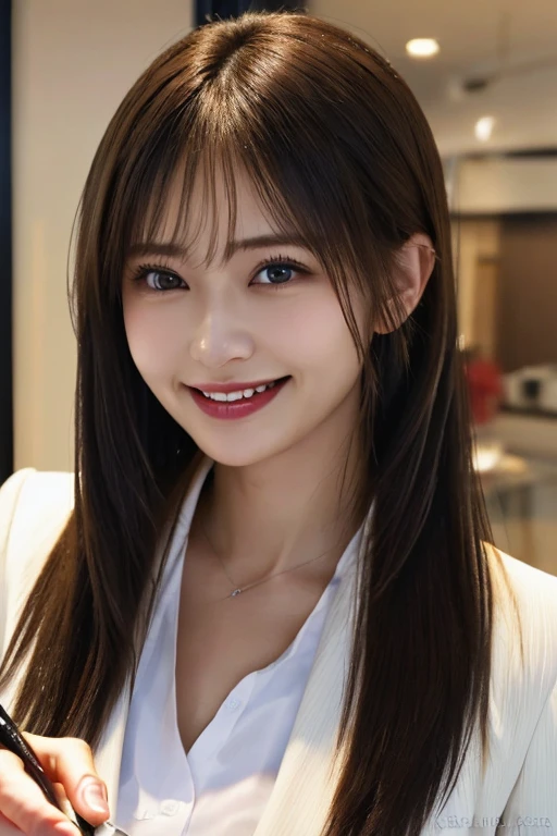 office、(absurd、High resolution、Super detailed)、Beautiful woman、(close up of face)、Facial emphasis、surface focus、office街に立つ女性、、Skyscraper behind（（angle from below））、22、18、long straight hair、）（ponytail）Beautiful shiny hair、beautiful skin、luscious skin、beautiful eyes、With bangs、Away from the shoulders、eye highlights、Unbroken hands、rich lighting、pale pink lip、soft lips、mouth slightly open、High-definition CG uniform 8K wallpaper、 attention to detail、portrait、vision、alone、detailed face、smile a little、dynamic pose、Beautiful blue eyes that shine, medium breasts, (best illustrations: 1.1), 、shiny skin。realistic、Photoreal:1.37)、Photo of a woman in black Japan（beautiful breasts）、、suit、（White jacket front opening)、watching from a distance、(K-POP idol)、(alone)、）（（sexy pose））、(Outside the window, skyscrapers are hazy)