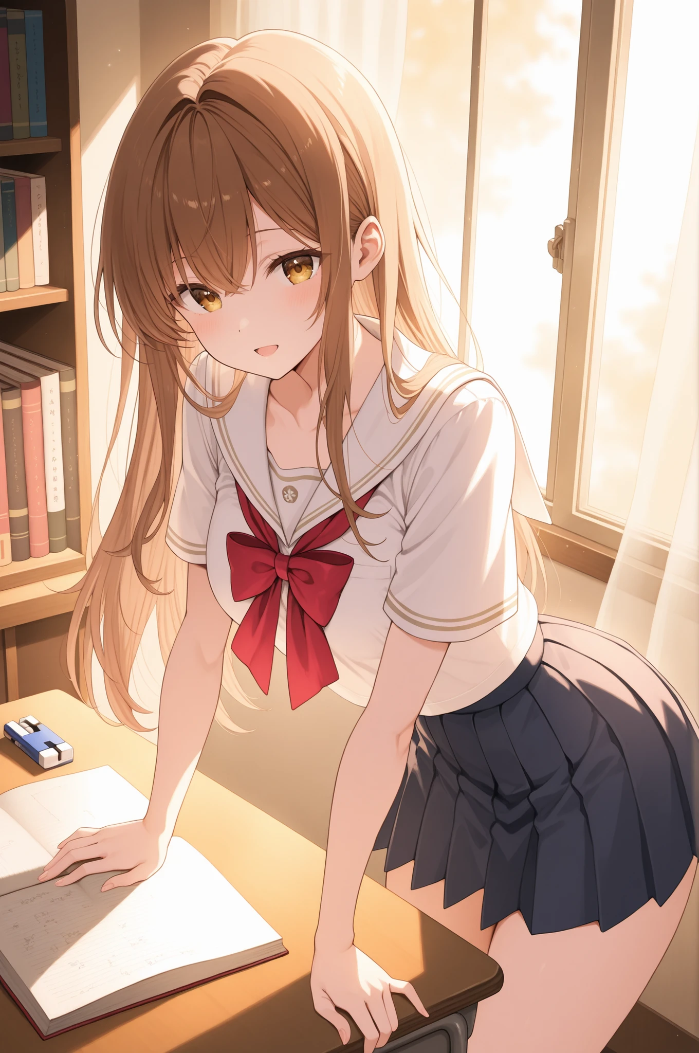 By the library window after school、A 20-year-old girlfriend with long brown hair wearing a white sailor collar blouse with visible chest and a navy blue pleated miniskirt、peek into the book with her elbow on the wooden desk。the slanted sunset illuminates the bookshelf through the glass、while the green and light pink shadows of the schoolyard swaying、My fingertips turning the page。only an open notebook and thin marks of an eraser on the desk、conveying her after-school temperature
