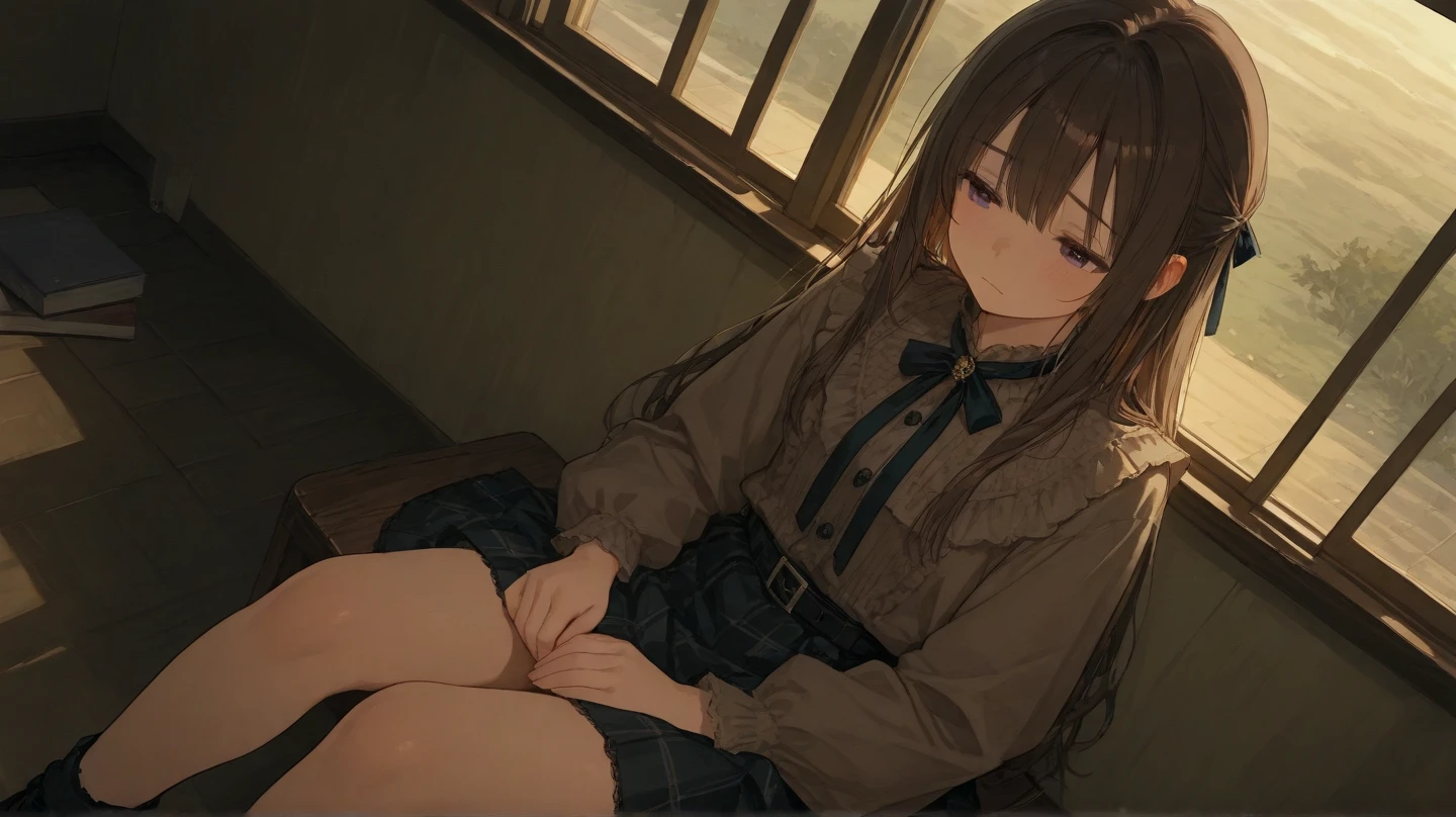 masterpiece, high quality ,dynamic angle, cowboy shot, 9yo, 1girl, , solo, Hermione Granger, school uniform, unaware her panties are showing, highly detailed beautiful face and eyes, beautiful skin, perfect anatomy smile, bed room, shiny sun lighting