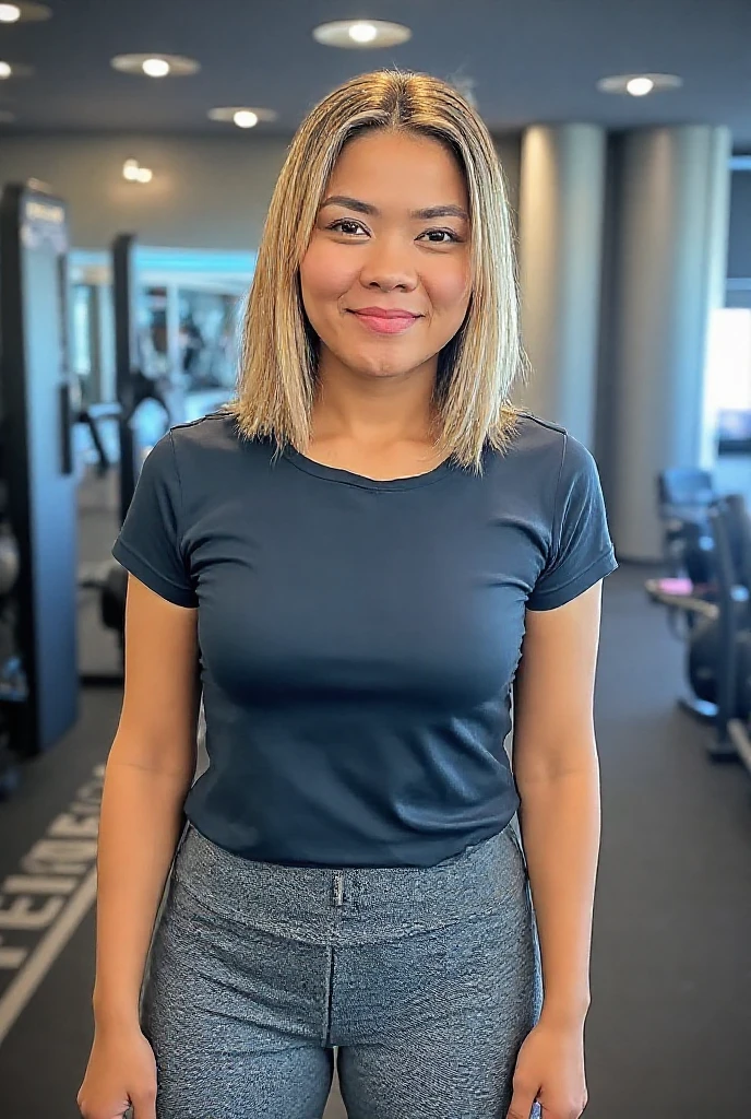full body photo of woman, oversized long wool t-shirt, yoga pants, detailed eyes, medium short hair, (freckles), waxed gym, cinematic photo flyweight, 35mm photograph, tilt shift, film, professional, 4k, highly detailed, <lora:uberfit_lora_sdxl_civtai:0.80>, uberfit, muscular, flexing arms, arm up, fists ,<lora:liragirl:0.65>