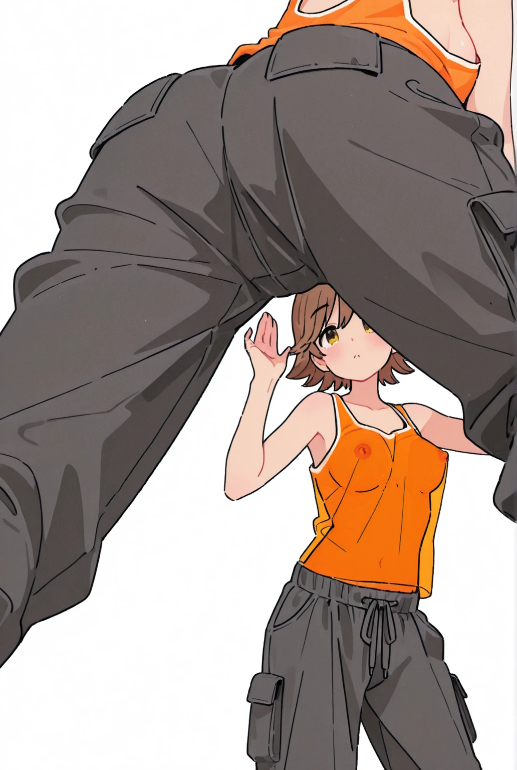 masterpiece, best quality, 1girl, chibi, climbing wall, blonde, blue eyes, crying, surprised, torn shorts, nude ass, (bitten in the ass by grey wolf)