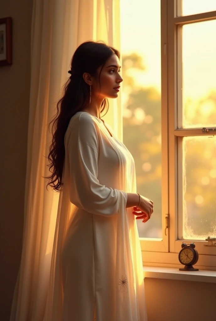 A girl watching the rain on a windowsill，is very beautiful，Delicate makeup，Perfect facial features，Asian face，Black color hair，pretty eyes，A deep，Blurred，looks out the window，Light-colored clothes，White skin of the，book，Bedrooms，Extremely detailed CG，8K Ultra HD wallpaper，tmasterpiece，best qualtiy，(pastelcolor，soothing tones：1.3)，（Natural skin texture，hyper photorealism），（Photographic works），（Courtyard series），optic，with light glowing，A plant，Rich in detail，（deep in the night：1.4），（真实感），windowsill，A body that conforms to the structure of the human body，Quiet，Beautiful and detailed，（High-density imaging：1.4）