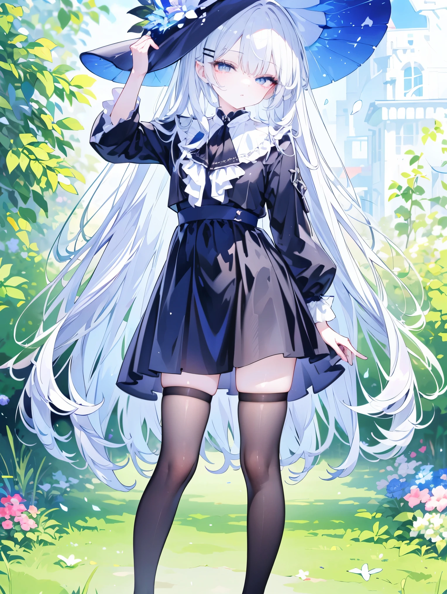 (high quality, High resolution, Very detailed, reality:1.37), Peaceful atmosphere, (Outdoor, garden), 5 year old girl standing alone, (my breasts are small.), Beautiful details, Cute Smile, (Black long hair), ((White sheer camisole dress)), White socks, White high heels、White Hat.NSFW、((Sheer milk))、((Crotch showing through))