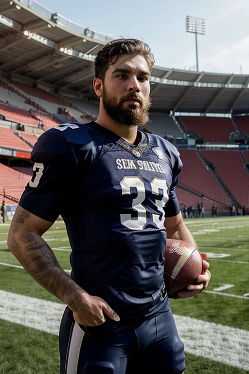 Football venues,sweat leggs,Photos during exercise,Football player costume,,Masculine,Exquisite facial features,virile,musculature,rich facial detail(The crotch is raised)full bodyesbian