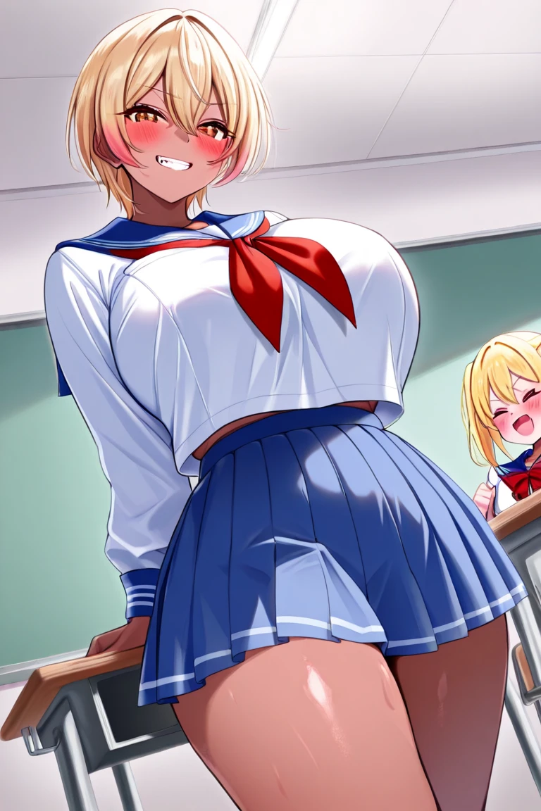 masterpiece, super fine illustration, best quality, light particles, ultra-detailed, 8K wallpaper, (bright colors:1.2), (woman), big breast, (blonde short hair), disheveled hair, shiny hair, shiny skin, oily skin, ((red hairband)), ((white gym uniform, short sleeve, high-cut red bloomers)), (nipple, navel, barefoot), (beautiful green eyes, shiny eyes, orgasm face), half-closed eyes, blush cheek, (tall man, man behind girl:1.3), (man hold up girl's legs:1.6), (vaginal penis:1.2), (standing, sex:1.6), (girl spread legs:1.4), cum out, classroom, sunlight, nsfw,