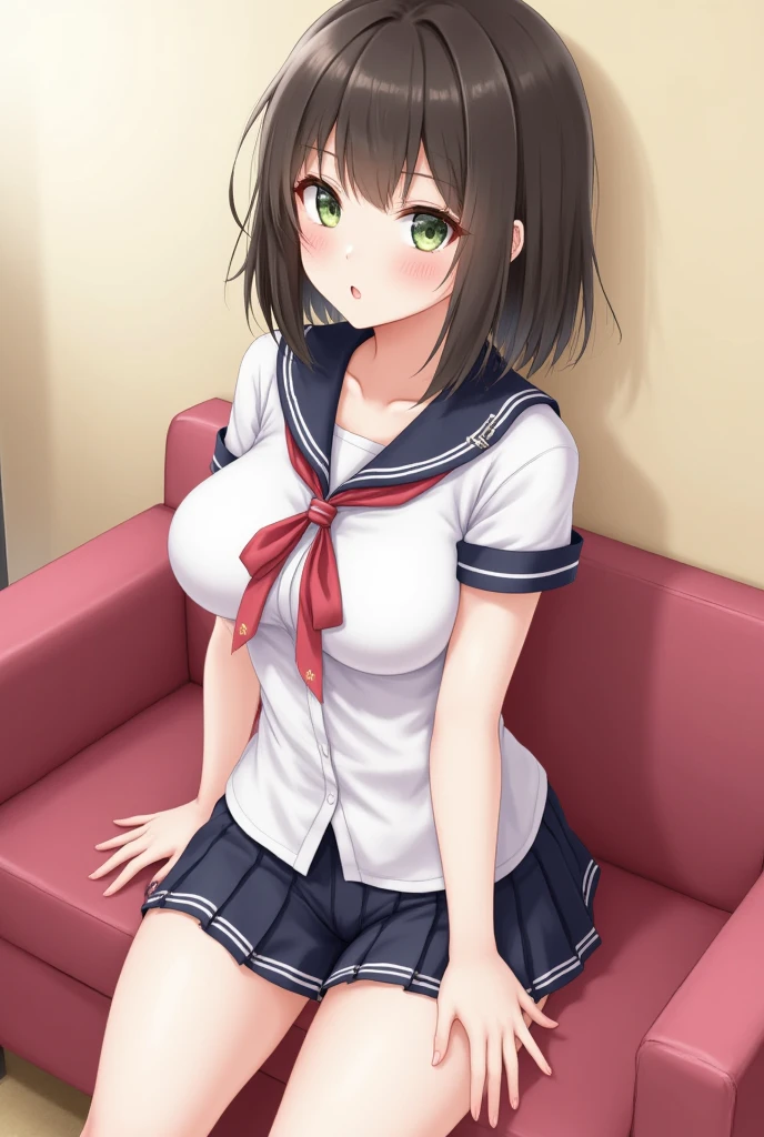 masterpiece, Highest quality, High resolution, Ichigoya, alone, ,  Red neckerchief, ,  ,pubic hair、Nipples、Areola、Thighs、Navy knee-high socks、High resolution、Legs wide open、School、Desk and chair in the background、Ultra-realistic、Realistic