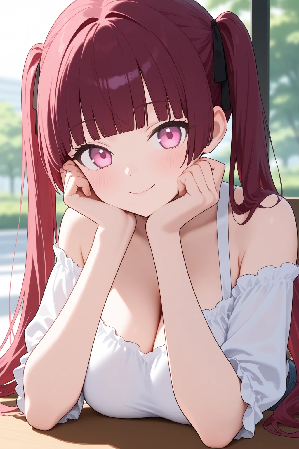 Best quality, masterpiece, ultra high res, (photorealistic:1.4), raw photo, 1girl, white dress, off shoulder, blossom flower field, glowing skin, light smile, nino nakano, pink red long hair, shoulder, blue eyes, hair ribbons